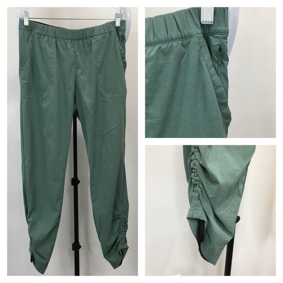 PRANA Green Ruched Adjustable Hem Zip Pocket Drawstring Waist Pull On Pant - Picture 1 of 13